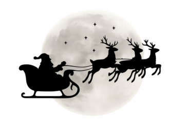 Santa claus in his sleigh pulled by flying reindeer, silhouetted against a bright full moon and stars on a transparent background