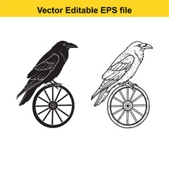 Obraz premium Two crows, one detailed drawing and one silhouette, perched on a wheel
