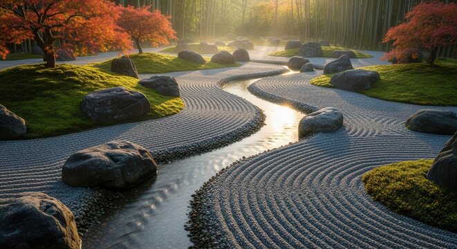 Serene japanese zen garden with raked gravel and autumn foliage - Powered by Adobe