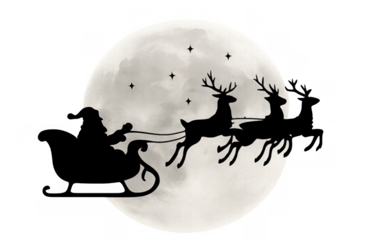 Santa claus in his sleigh pulled by flying reindeer, silhouetted against a bright full moon and stars on a transparent background - Powered by Adobe
