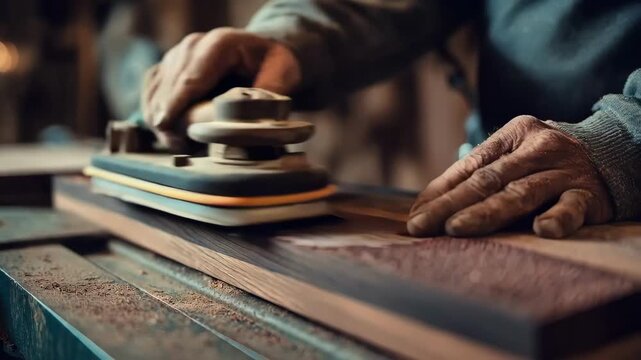 Close medium shot of a craftsman adjusting grit levels on a sanding machine focusing on the transition from rough to smooth lumber texture.