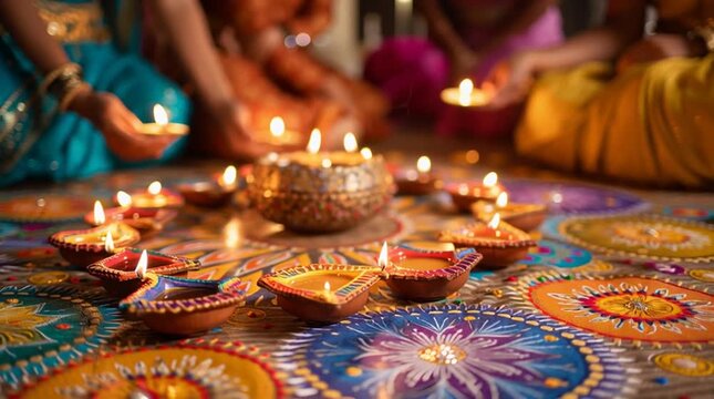 People celebrating diwali with diyas arranged on a colorful rangoli design on the floor indoors