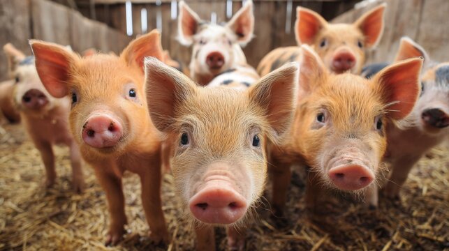 Adorable piglets explore their stable displaying bright colors and lively personalities in the warm sunlight. - Powered by Adobe