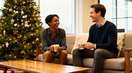 Two smiling coworkers sitting on a cozy sofa near a decorated christmas tree enjoying coffee and conversation.