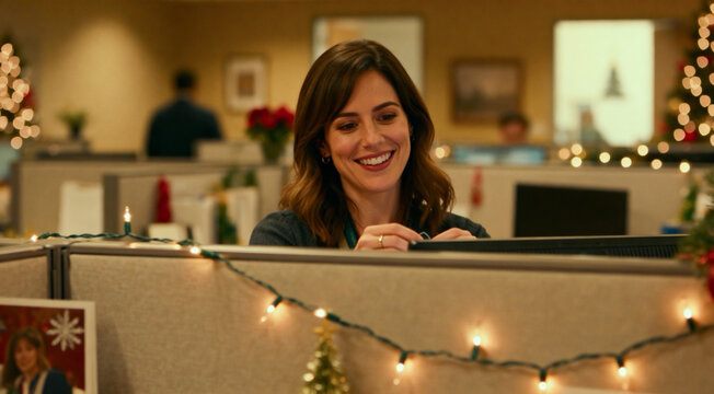 Happy businesswoman decorating her office cubicle with christmas lights and ornaments smiling during holiday season at work. - Powered by Adobe
