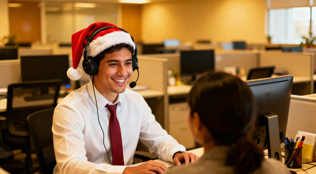 Friendly male call center agent wearing a santa hat and headset smiling while assisting a client in a modern corporate office setting during the busy christmas holiday season. - Powered by Adobe