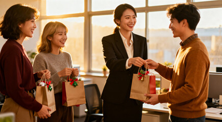 Group of cheerful asian business colleagues in a sunny modern office exchanging small christmas holiday gifts in brown paper bags demonstrating employee appreciation and festive team spirit. 