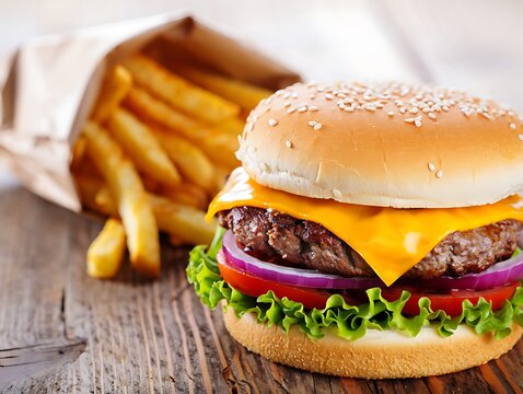 Delicious looking hamburger with french fries on a rustic wooden surface