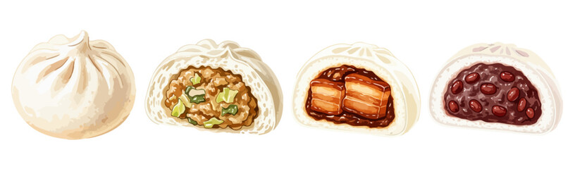 水彩の中華まん（肉まん・角煮まん・あんまん）イラストセット,点心,冬の食べ物,手描き,ベクター