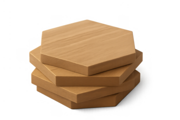 Stack of natural wood hexagon coasters, geometric drink mats with grain texture, transparent background