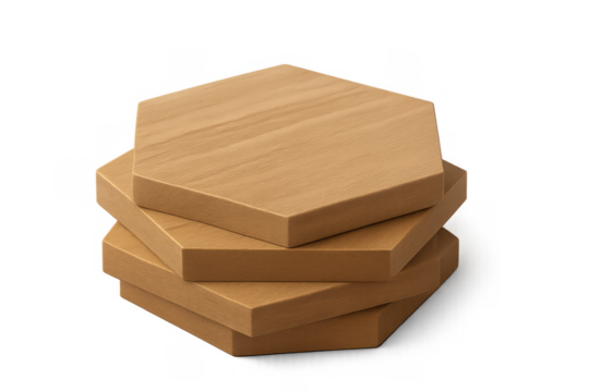 Stack of natural wood hexagon coasters, geometric drink mats with grain texture, transparent background