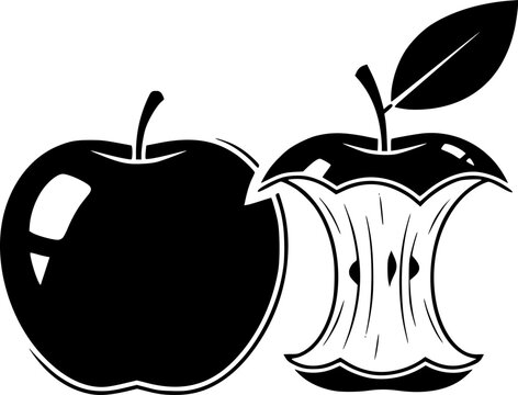 A whole apple sits near a bitten apple core with a leaf
