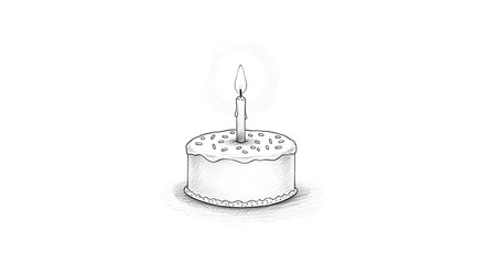 Monochrome pencil drawing of a simple birthday cake with one candle