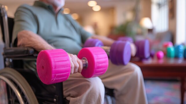 Senior man performs physical therapy exercises using colorful handheld weights while seated in a wheelchair