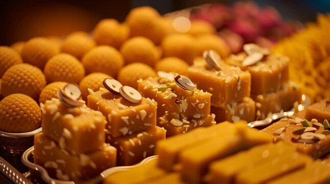 A close up of a tray filled with various indian sweets like laddu barfi and jalebi treats shown