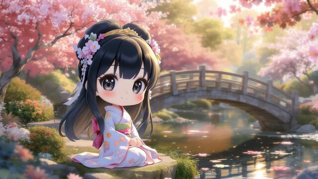 Adorable chibi anime girl in a cherry blossom kimono kneels by a serene pond under blooming sakura trees at sunset, with a wooden bridge in the background