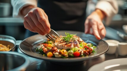 Chef's Hands Meticulously Plating a Gourmet Grilled Fish Dish in Professional Kitchen