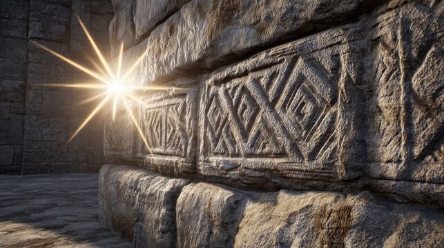 Ancient stone wall section displaying carved geometric patterns illuminated by a bright lens flare effect