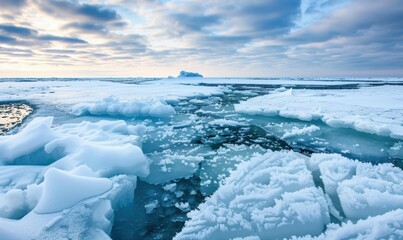 Frozen arctic landscape with ice formations and cloudy sky panorama