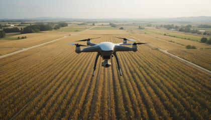Four drones fly over vast green fields, monitoring crops with high precision. Aerial view showcasing modern technology and innovation in smart, sustainable agriculture.