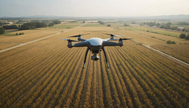 Four drones fly over vast green fields, monitoring crops with high precision. Aerial view showcasing modern technology and innovation in smart, sustainable agriculture.