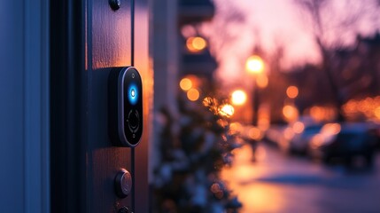 Close-up of a modern smart video doorbell on a wooden front door, illuminated with a blue light at dusk with a blurred street scene.