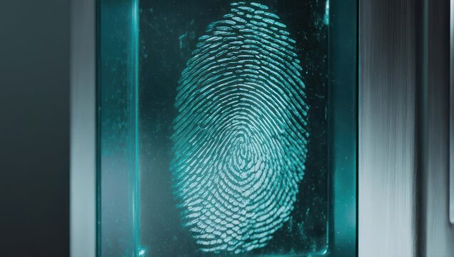 Close-up of a glowing blue fingerprint scan on a futuristic device.