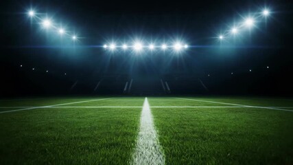 Empty sports stadium at night with glowing floodlights and a pristine green pitch. - Powered by Adobe