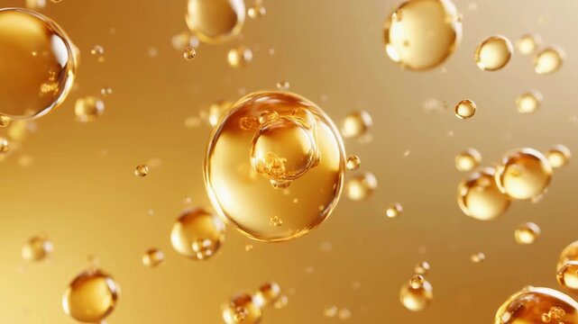 Golden liquid drops or oil bubbles suspended in abstract motion. Perfect for beauty, science, cosmetic, or health concepts, implying richness and purity.