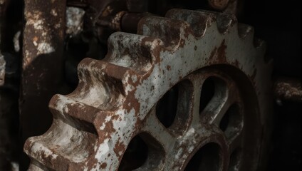 Close-up of a weathered and rusted industrial gear wheel.