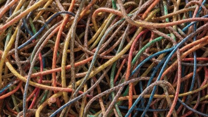 Close-up of a tangled mess of colorful electrical wires and cables.