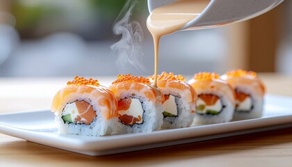 Exquisite Salmon Sushi Rolls Drizzled with Creamy Sauce and Topped with Roe