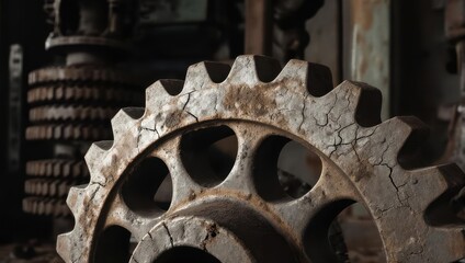 Close-up of old rusty industrial gears in a factory.