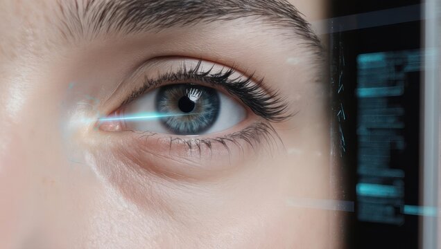 Close up of a human eye with a blue laser scanning it for identification.