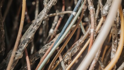 Close-up of tangled dry branches with some showing signs of frost or ice.