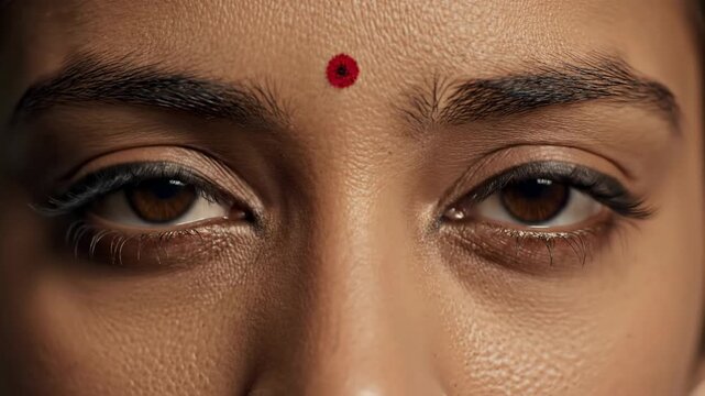 Close up of a womans eyes with a bindi on her forehead.