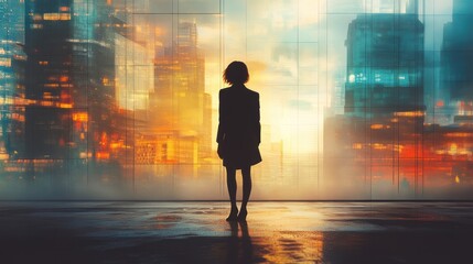 Woman silhouetted against a futuristic cityscape at sunset