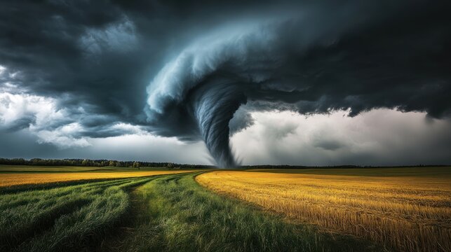 Massive Tornado Descends on Golden Wheat Field Under Stormy Skies