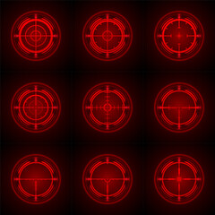 Futuristic red rifle scope. Scope for take aim. Crosshair or sight icons. Aiming to bullseye signs. Sniper aim. Vector illustration.