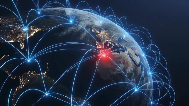 Global digital network with glowing blue lines connecting cities and a central red hotspot on Earth. Modern technology and communication concept.