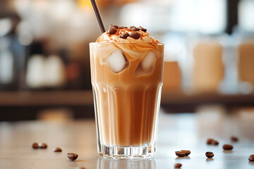 Refreshing coffee frappe glass with ice, whipped cream, and chocolate chips on a bar counter, offering a cool beverage