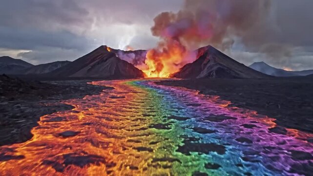 Volcanic Eruption Lava Flow Rainbow Colors Majestic Natural Phenomenon.