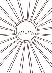 Minimalist illustration of a cute smiling sun with rays. Kawaii line art design perfect for coloring pages, coloring books, kids prints, nursery wall art, or positive decor