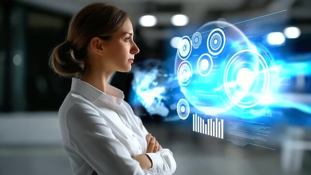 Faceless businesswoman observing data holograms reflecting financial and technological synergy in modern workspace, with copy space. - Powered by Adobe