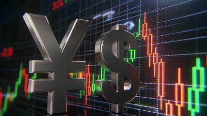 Yen and Dollar currency symbols with a dynamic financial candlestick chart, representing global economics, forex trading, and market analysis. - Powered by Adobe