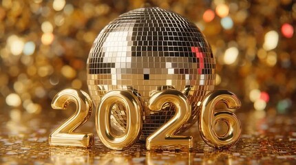 Golden disco ball and the year two thousand twenty six on a glittering gold background for celebration