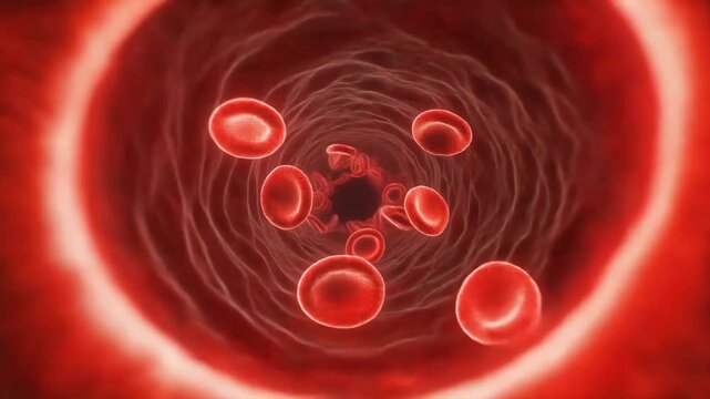 3D render of red blood cells flowing through a blood vessel. Visualizes human circulatory system, biology, health, and medical science concepts.