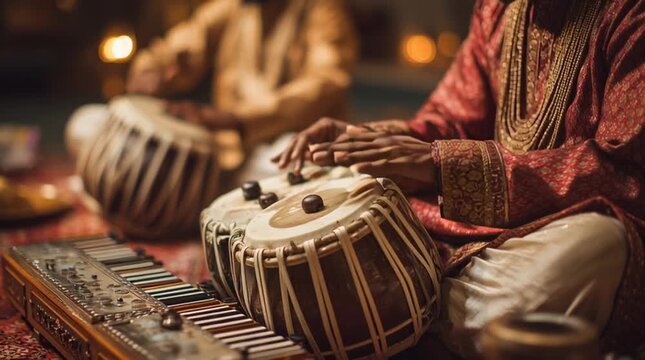 Musicians playing tabla and harmonium in traditional indian attire at a concert performance stage - Powered by Adobe