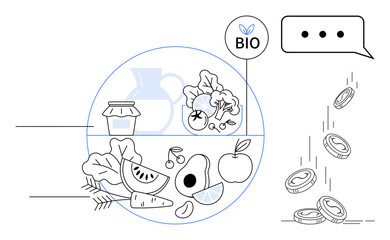Organic fruits, vegetables, and food products with bio-label, paired with coins and speech bubble. Ideal for sustainability, health, budgeting, eco-lifestyle, cost-effectiveness food awareness