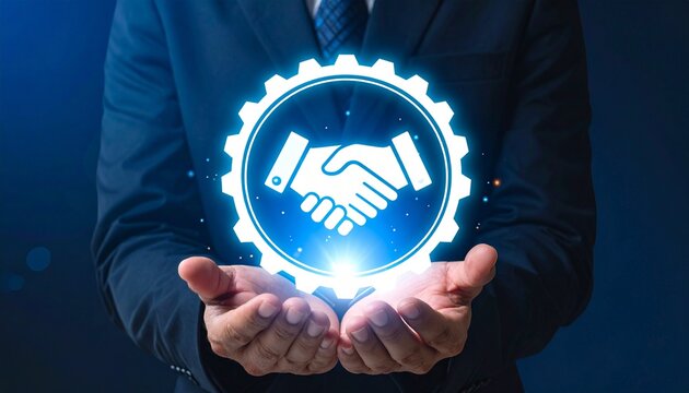 Sealing the deal with a handshake inside a cogwheel, symbolizing powerful partnerships and successful business ventures in a modern, technological world